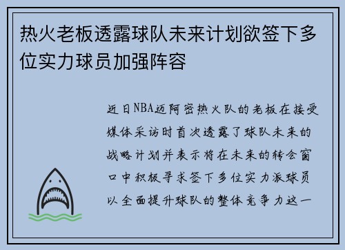 热火老板透露球队未来计划欲签下多位实力球员加强阵容