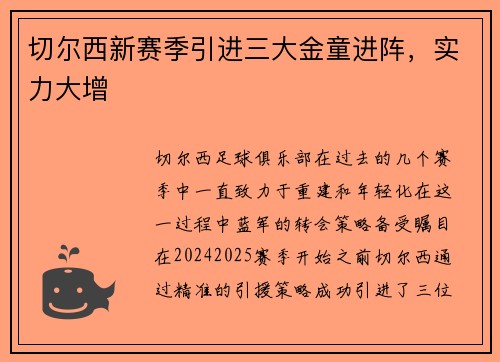 切尔西新赛季引进三大金童进阵，实力大增